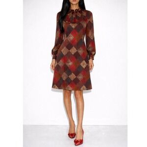 60s Vintage Tie Neck Shift Dress Diamond Pattern Womens XS S Mod Mini Red Brown